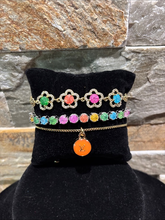 Jewelry - Multicolor Crystal Flower & LV Skittle Charm Bracelet Set
